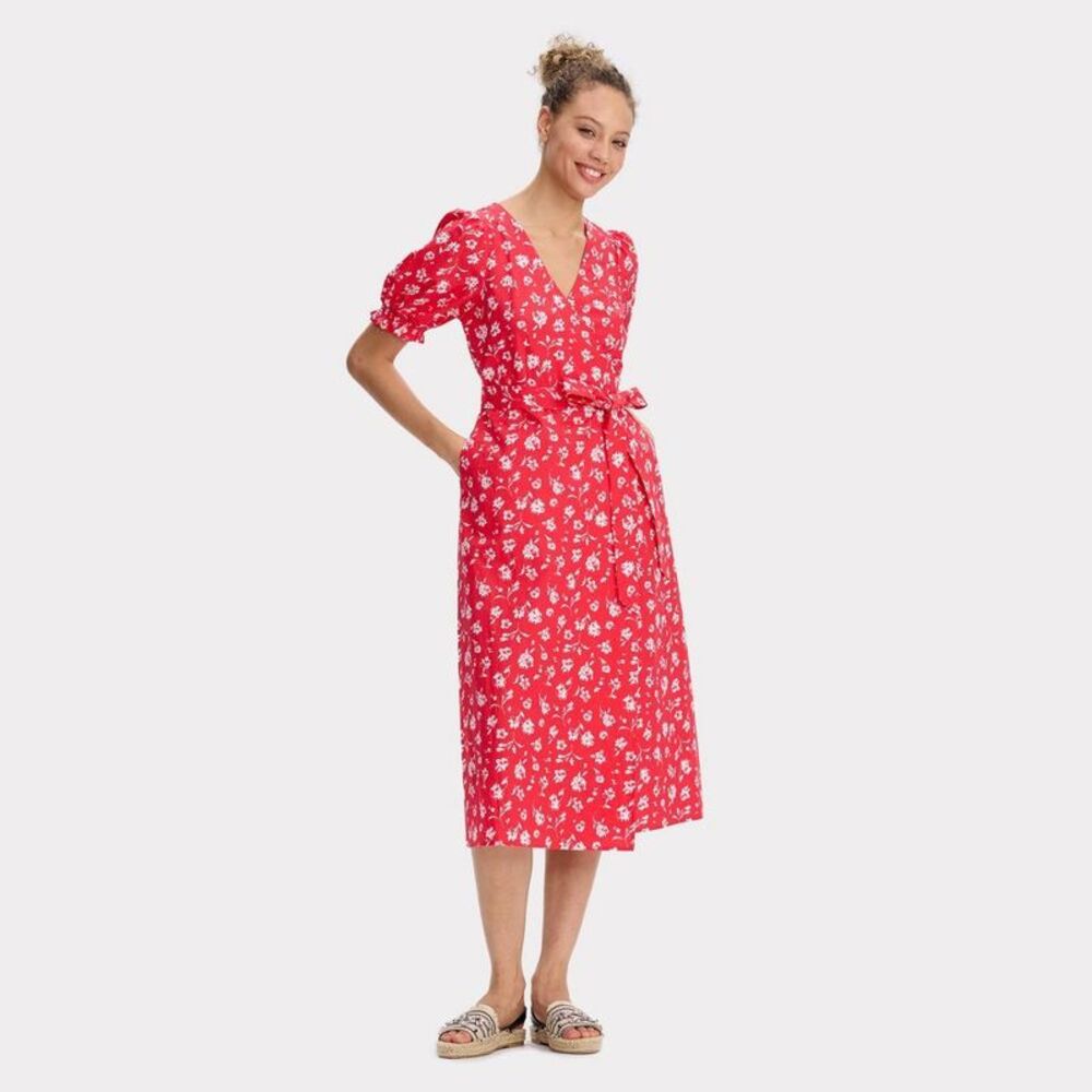 Women's Puff Short Sleeve Midi Wrap Dress - Universal Thread Red Floral M